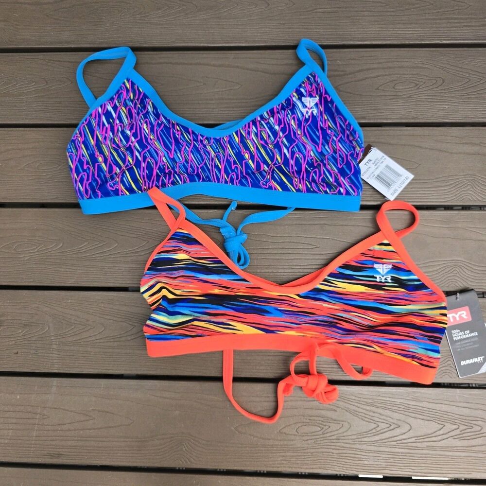 TYR Womens Durafast Tieback Multicolor Workout Bikini Top Bundle Of 2 Sz L NEW